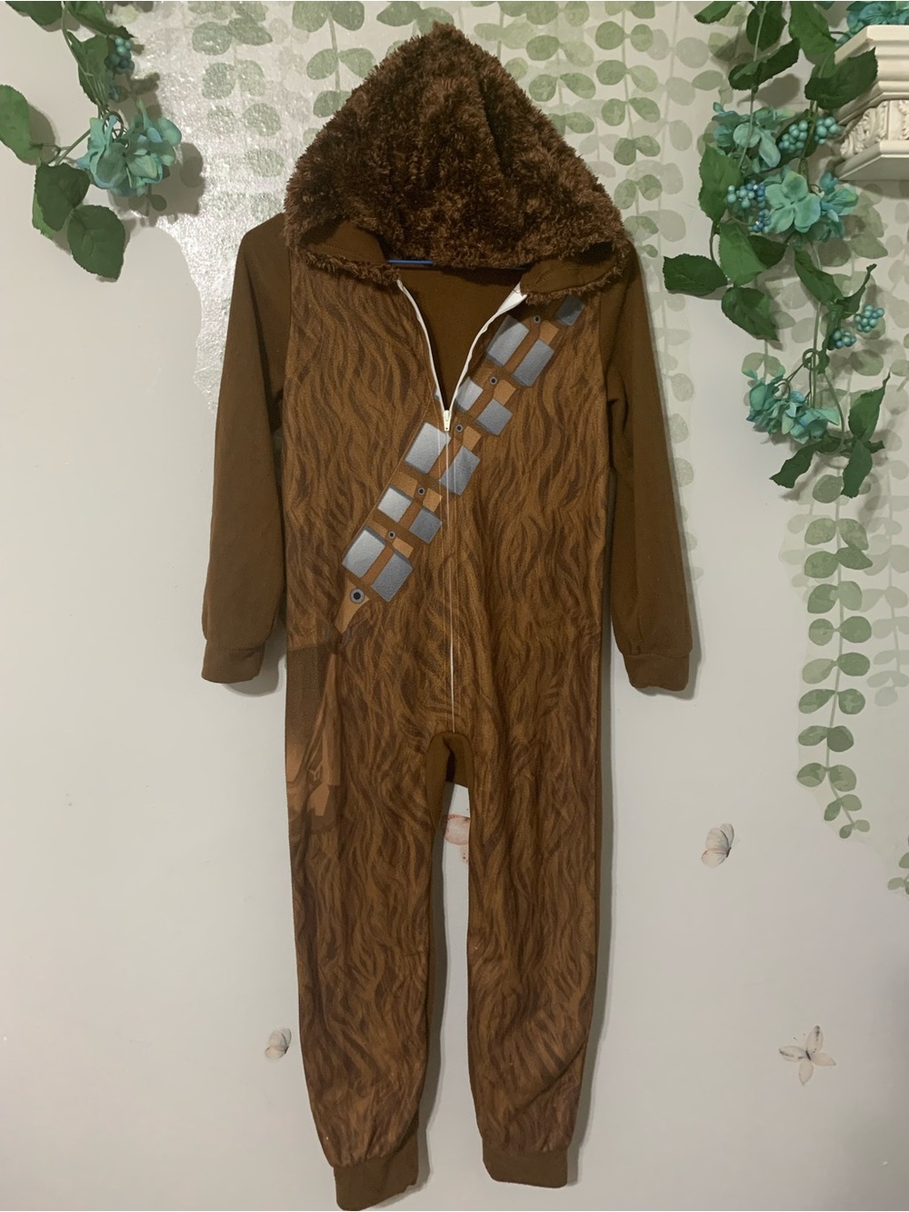 Sz 8 Kids Chewbacca Fuzzy Hood One-Piece Costume PJ Romper